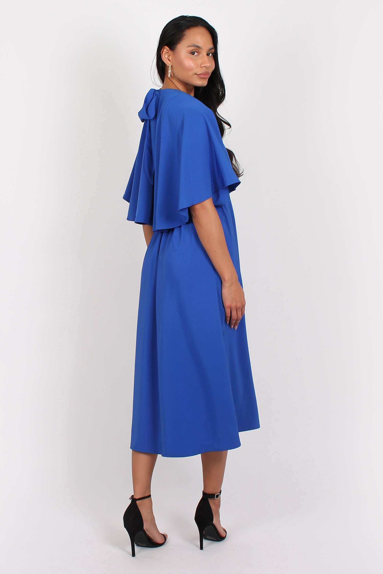 Lacy Halter Neck Cape Midi Dress Blue