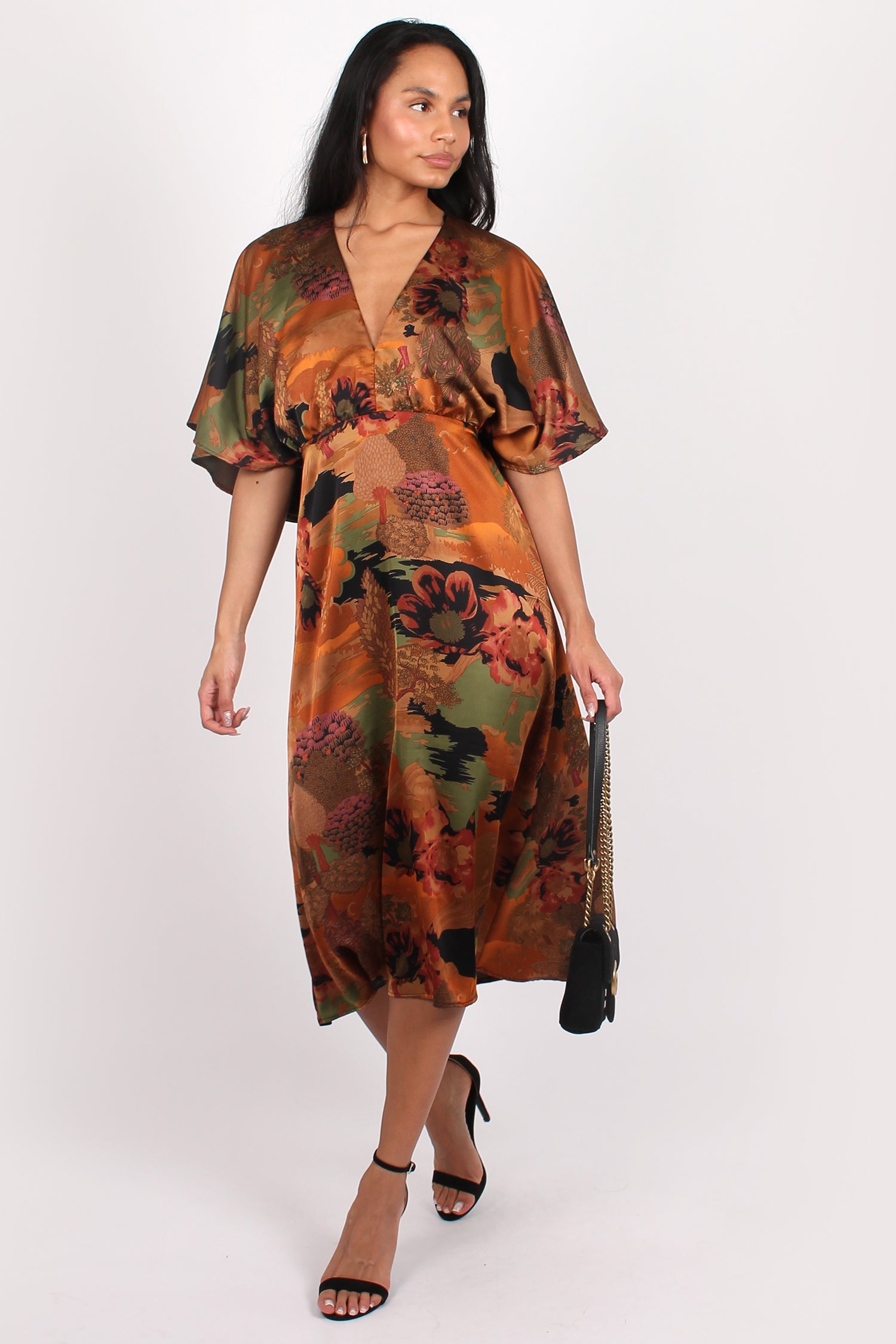 Lacy Halter Neck Printed Cape Midi Dress Brown