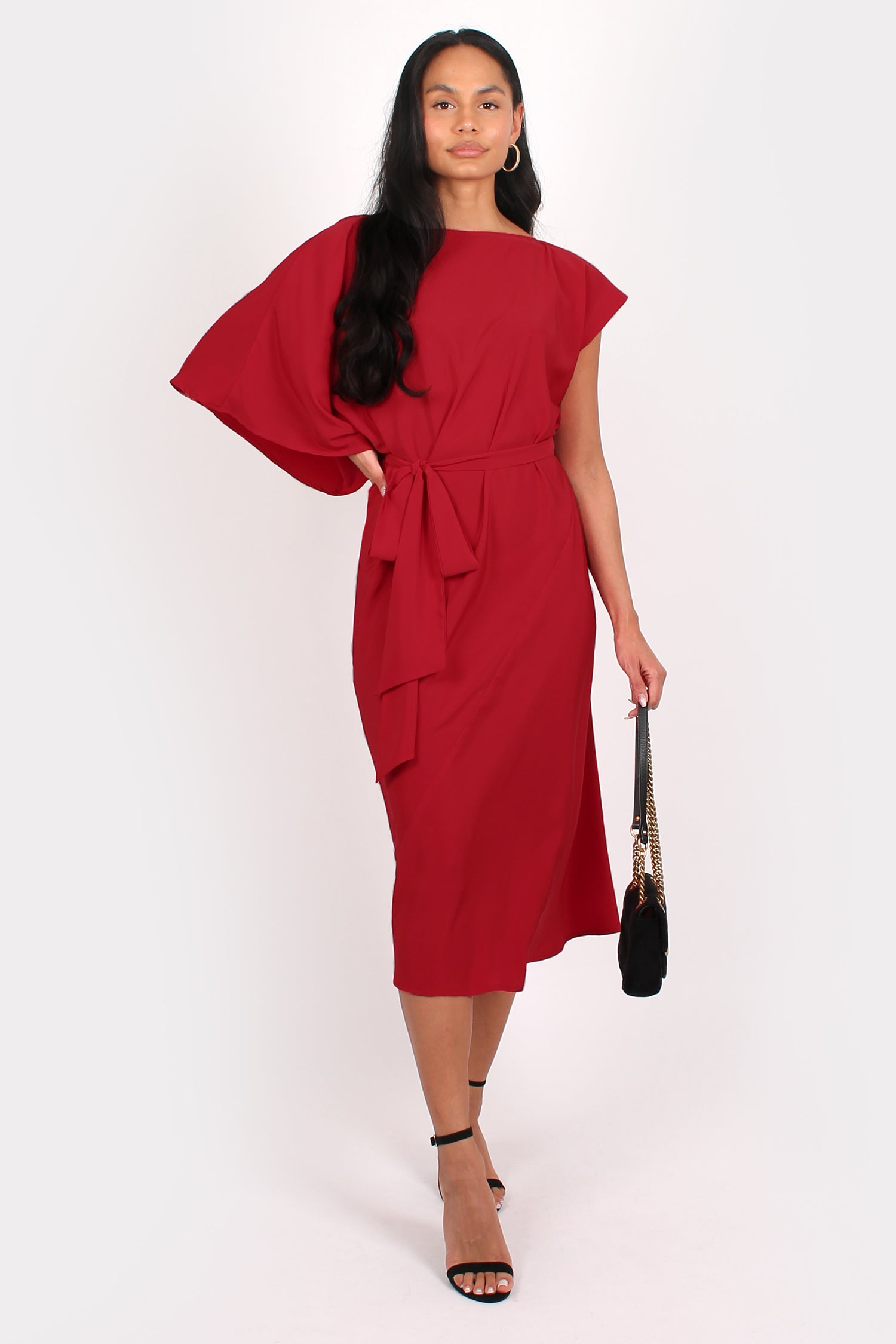 Geisha One Sleeve Midi Dress Red