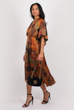 Lacy Halter Neck Printed Cape Midi Dress Brown