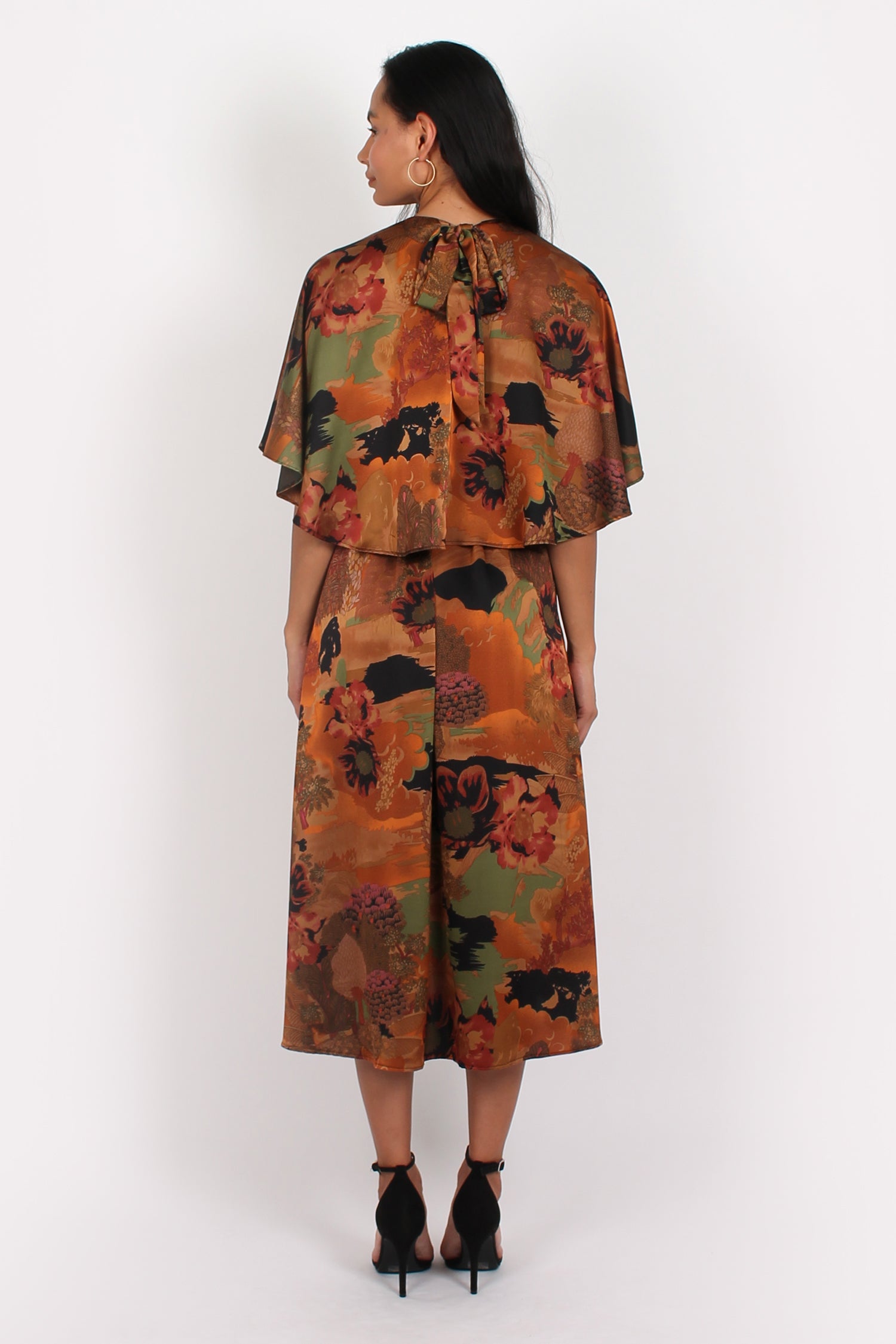 Lacy Halter Neck Printed Cape Midi Dress Brown